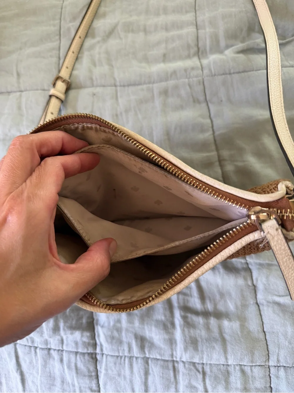Kate Spade Straw Raffia Crossbody Tan Cream Leather Trim